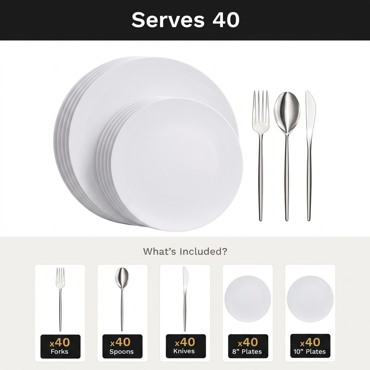 Trend White Deluxe Set | Plates & Silver Cutlery | Serves 40