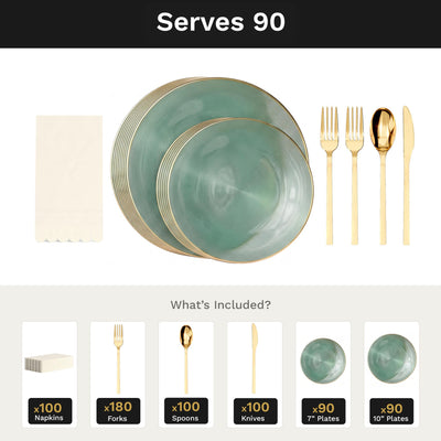 Green Luster Ultimate Set | Plates, Gold Cutlery & Napkins | Serves 90