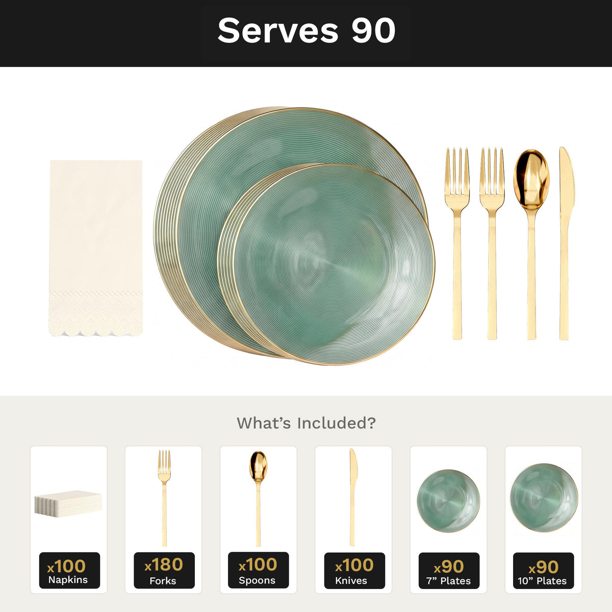 Green Luster Ultimate Set | Plates, Gold Cutlery & Napkins | Serves 90