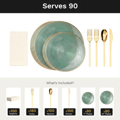 Green Luster Ultimate Set | Plates, Gold Cutlery & Napkins | Serves 90
