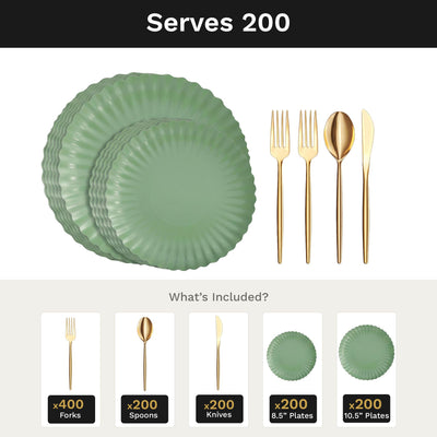 Scalloped Matcha Deluxe Set | Plates & Gold Cutlery | Serves 200
