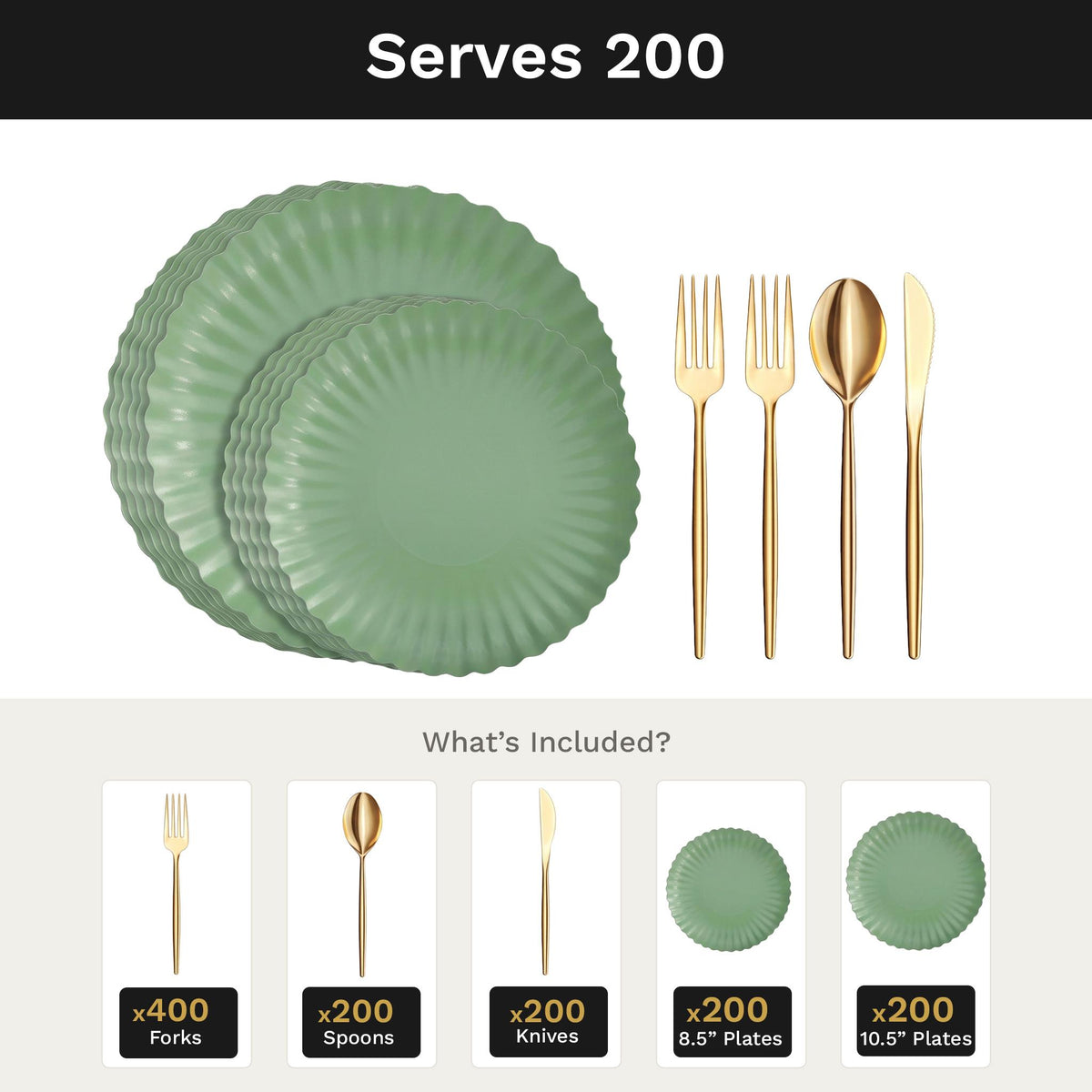 Scalloped Matcha Deluxe Set | Plates & Gold Cutlery | Serves 200