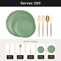 Scalloped Matcha Deluxe Set | Plates & Gold Cutlery | Serves 200