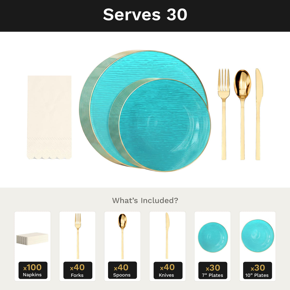 Turquoise Weave Ultimate Set | Plates, Gold Cutlery & Napkins | Serves 30