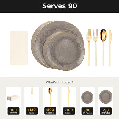 Smoke Burst Ultimate Set | Plates, Gold Cutlery & Napkins | Serves 90