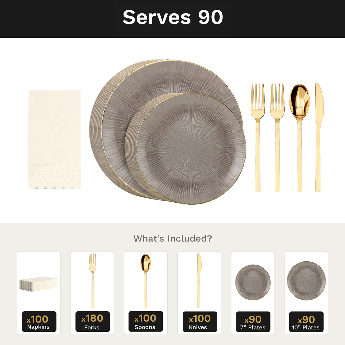 Smoke Burst Ultimate Set | Plates, Gold Cutlery & Napkins | Serves 90