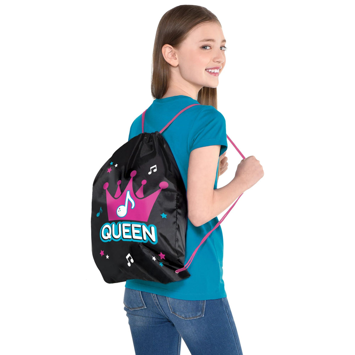 Internet Famous Queen Cinch Bag, Black/Pink/Blue, 14.75-inch, 4-ct - Pack of 6