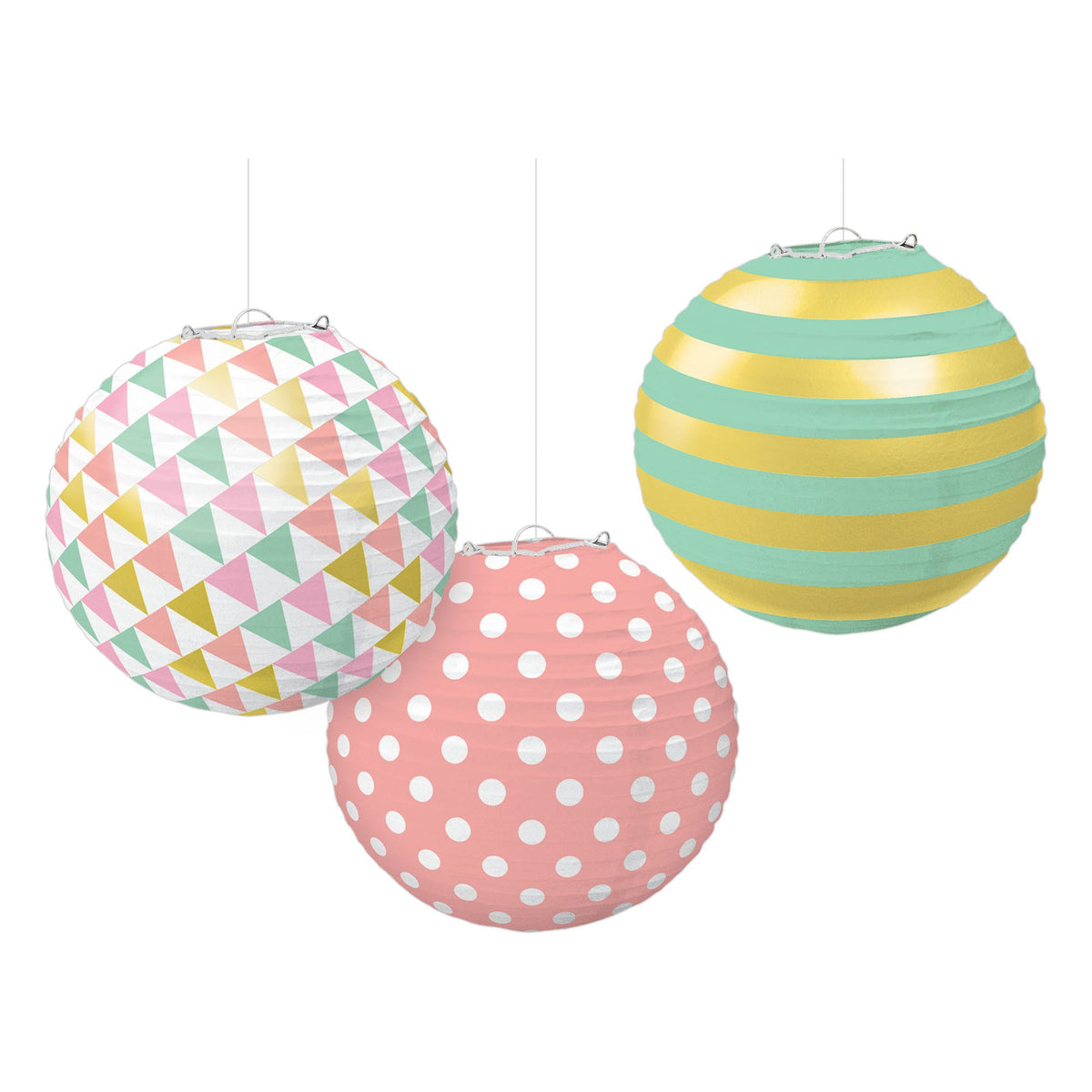 Pastel Paper Lanterns, Polka Dots & Stripes, 9.5-inch, 3-Pack - Pack of 12