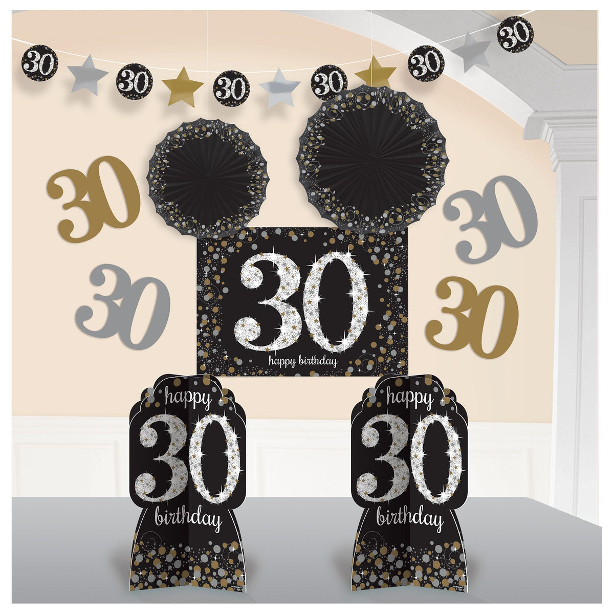 Sparkling Celebration 30th Birthday Decorating Kit, Black/Gold/Silver, 10-inch, 10-pk - Pack of 6