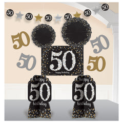 Sparkling 50th Birthday Room & Table Decorating Kit, Black/Gold/Silver, 10-inch, 10-pk - Pack of 6