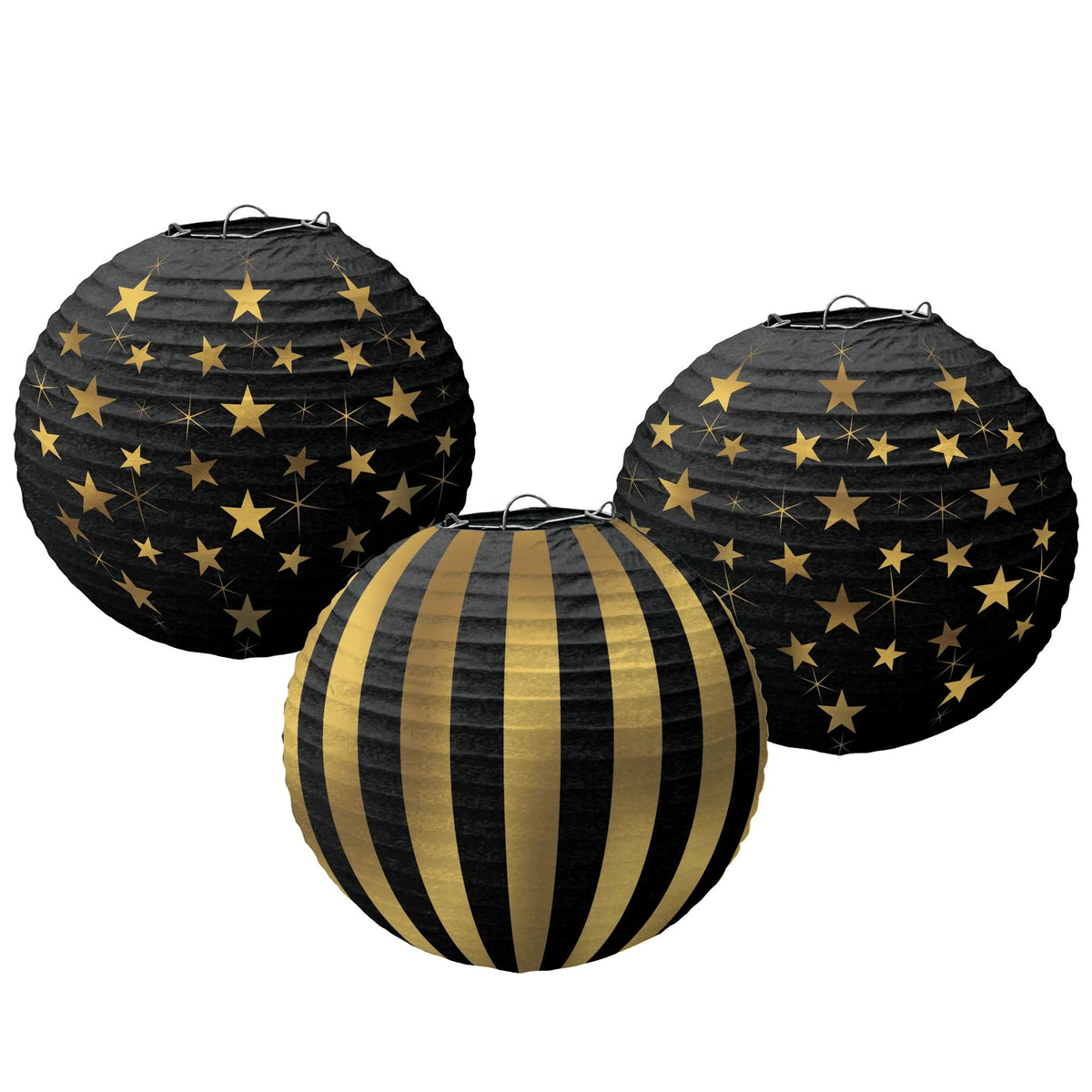 Gold Stars & Stripes Paper Lanterns, 3-pc - Case of 48