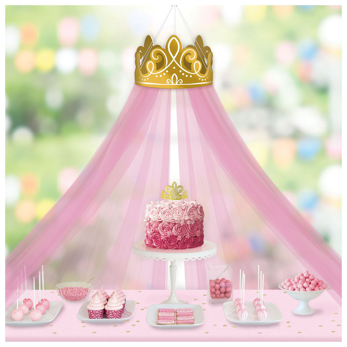Disney Princess Once Upon a Time Canopy Tulle Decoration, Gold/Pink, 90-inch, 4-ct - Pack of 3