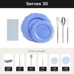 Blue Leaf Ultimate Set | Plates, Silver Cutlery & Napkins | Serves 30