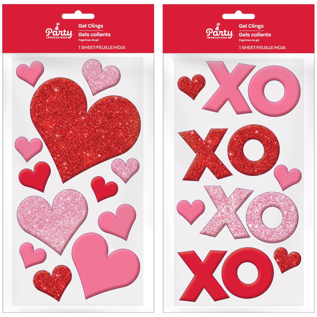 Valentine's Day Assorted Heart & XO Gel Clings - Pack of 12