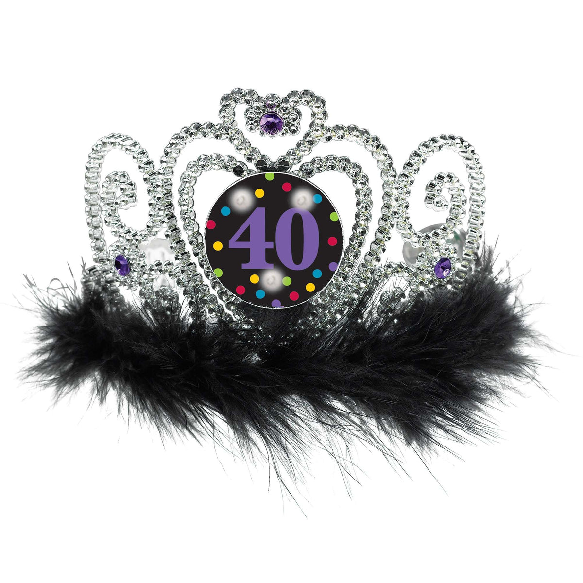 40 Light-Up Fur Trim Crown Tiara, Silver/Black, One Size - Pack of 6