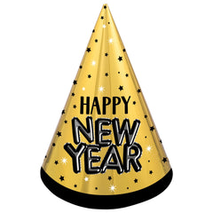 Happy New Year Cone Hat Black, Silver, Gold - Pack of 12