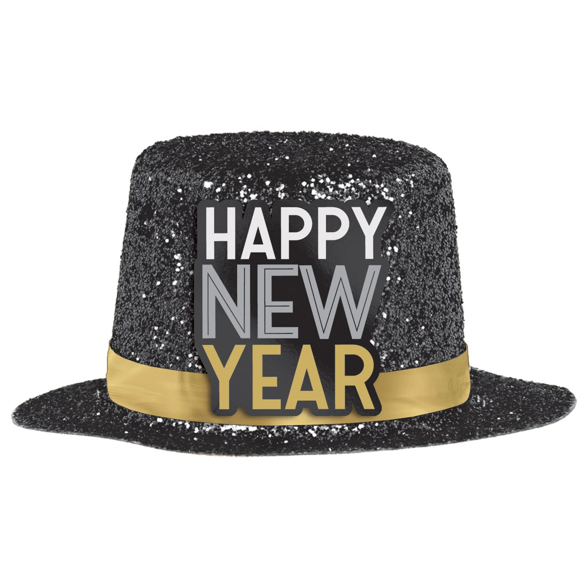 Happy New Year Miniature Top Hat, Black/Silver/Gold - Pack of 12