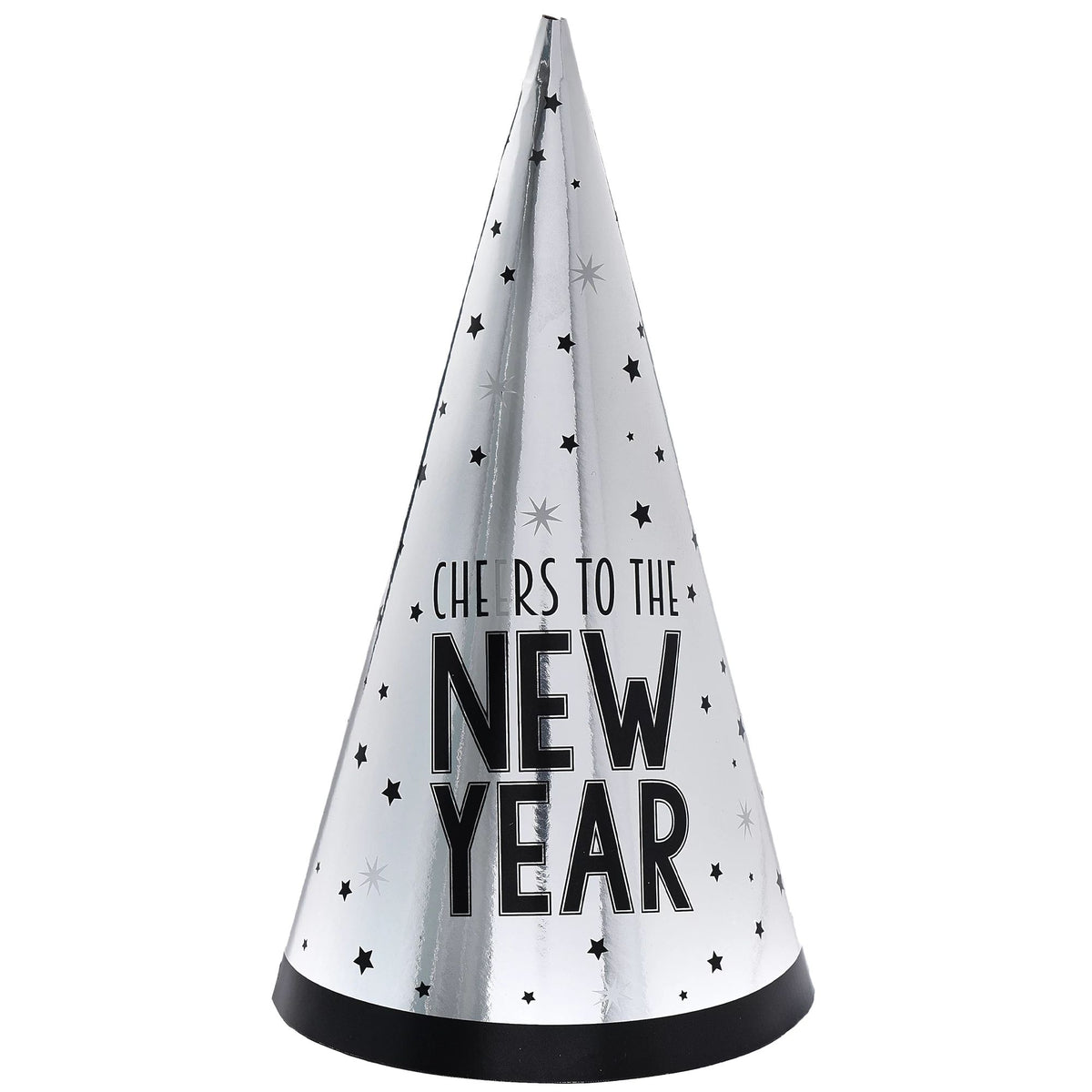 Cheers To New Year Party Cone Hat, Black/Silver, One Size - Pack of 6