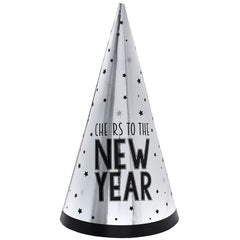 Cheers To New Year Party Cone Hat, Black/Silver, One Size - Pack of 6