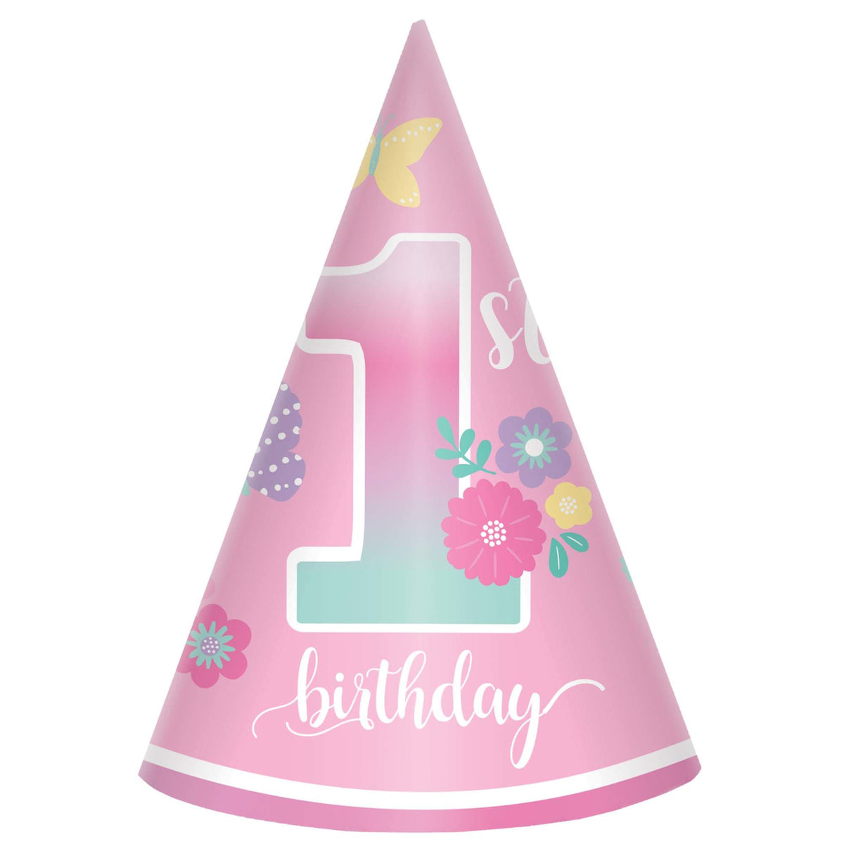 Butterfly Garden 1st Birthday Cone Hat, 8-pk - Pack of 3