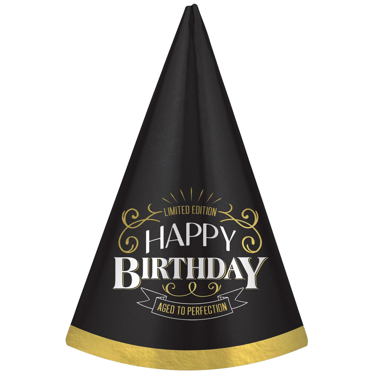 Elegant Black and Gold Aged to Perfection Birthday Cone Hat - Case of 120