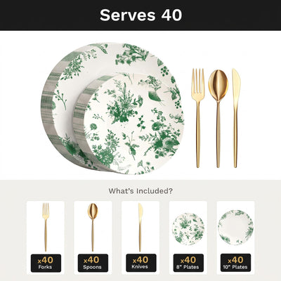 Verdure Deluxe Set | Plates & Gold Cutlery | Serves 40