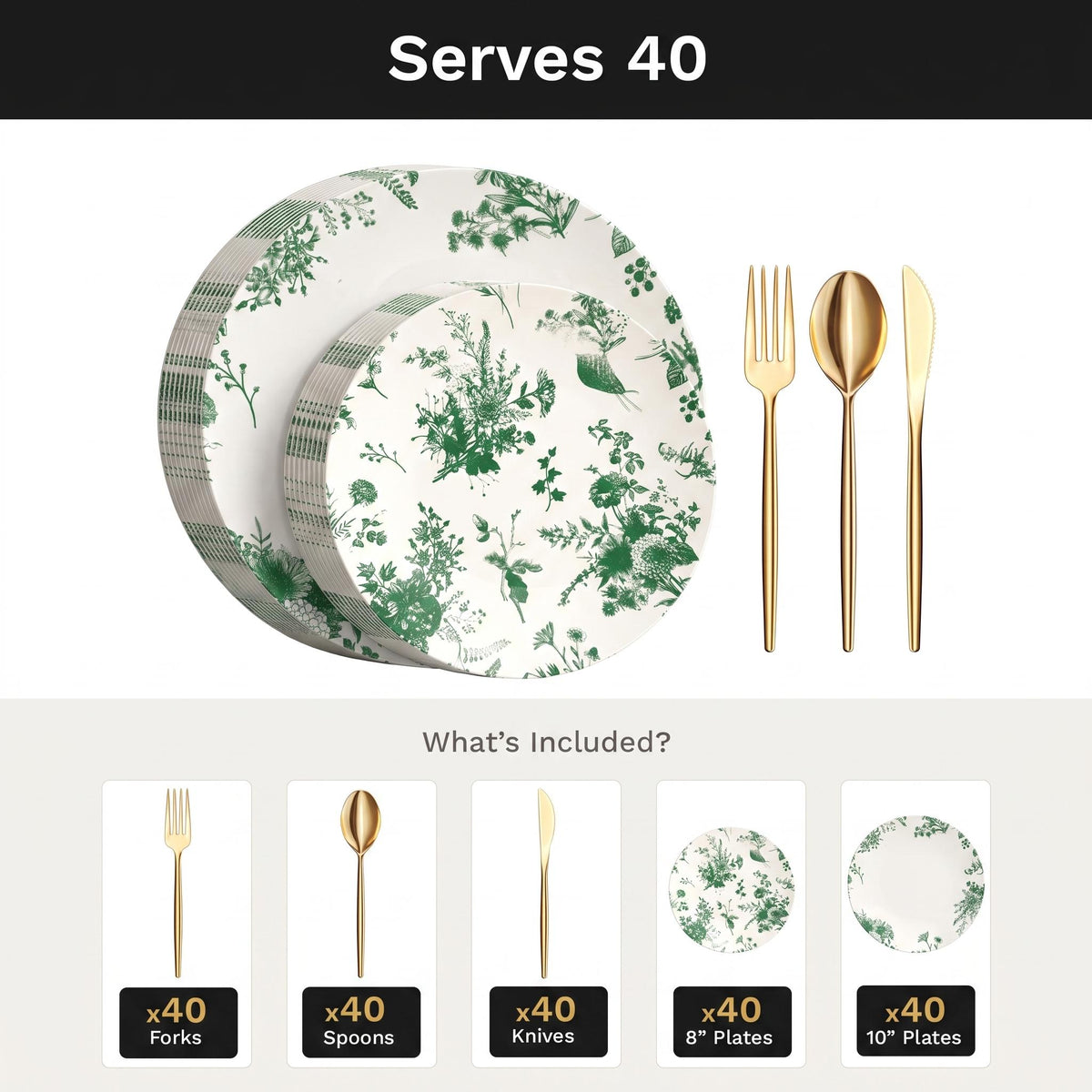 Verdure Deluxe Set | Plates & Gold Cutlery | Serves 40