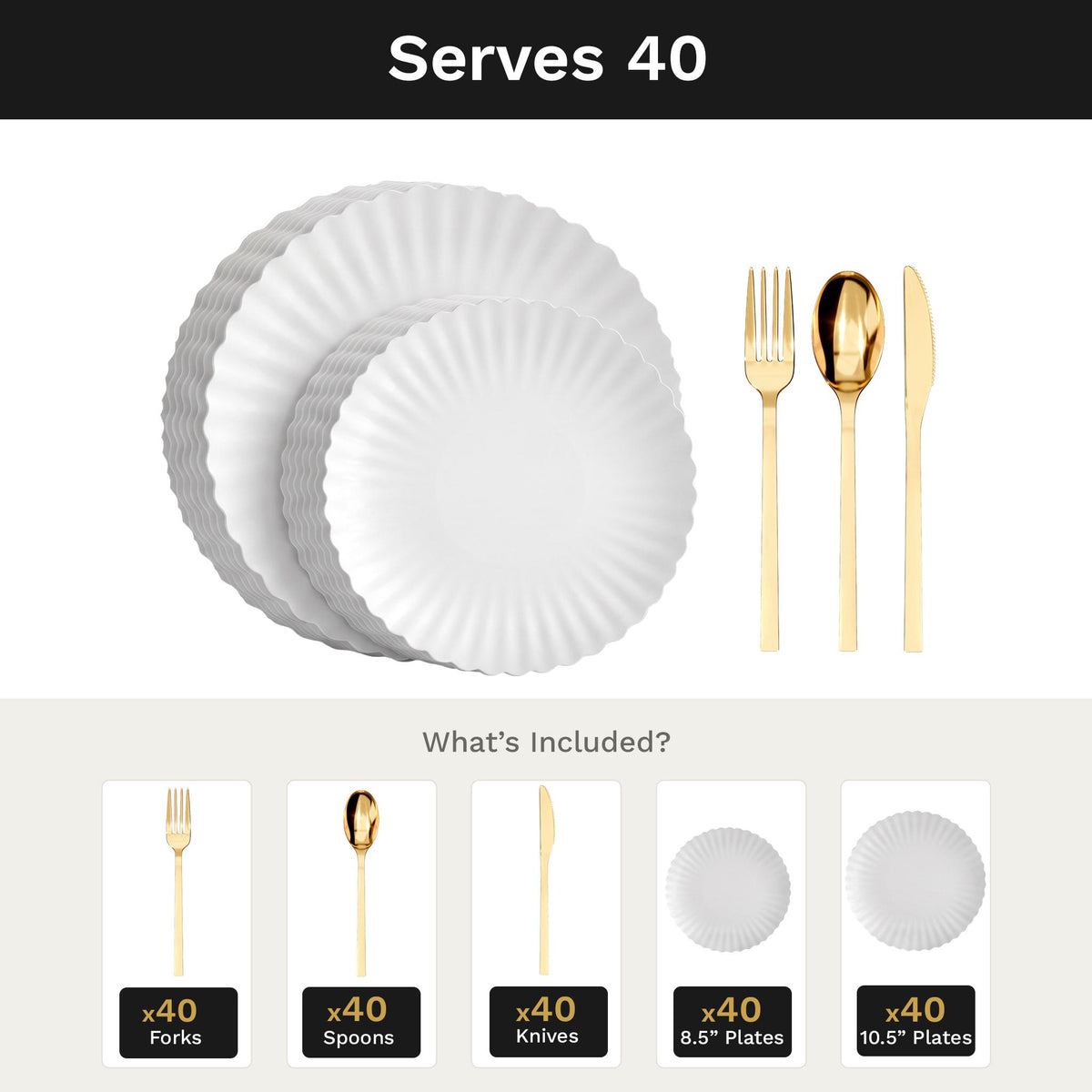 Scalloped Snow Deluxe Set | Plates & Gold Cutlery | Serves 40