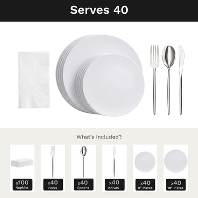 Trend White Ultimate Set | Plates, Silver Cutlery & Napkins | Serves 40