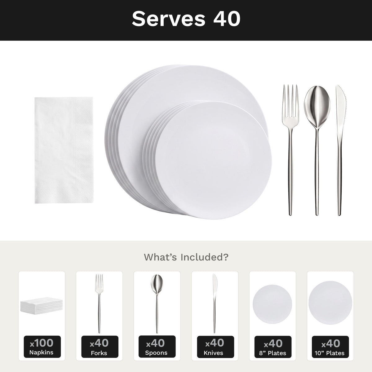 Trend White Ultimate Set | Plates, Silver Cutlery & Napkins | Serves 40