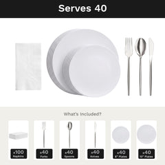 Trend White Ultimate Set | Plates, Silver Cutlery & Napkins | Serves 40