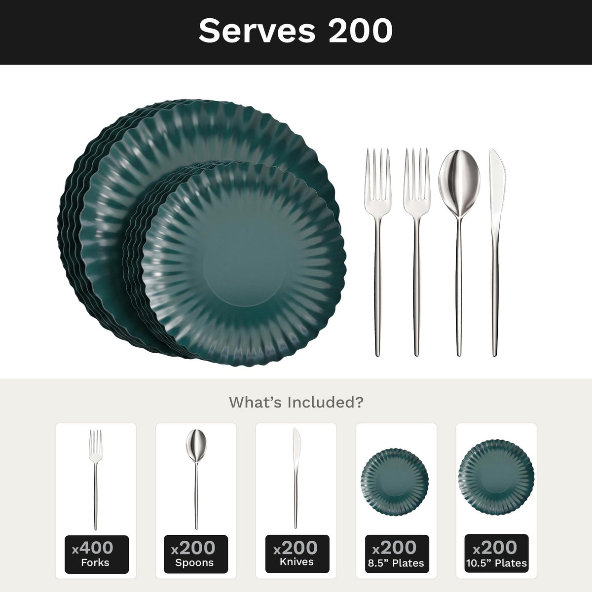 Scalloped Black Aqua Deluxe Set | Plates & Silver Cutlery | Serves 200