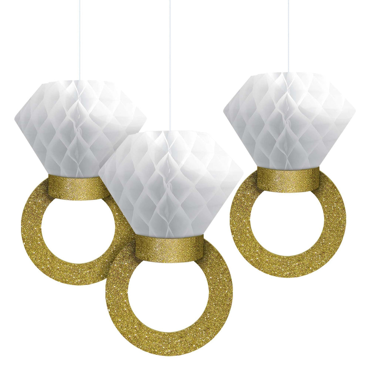 Honeycomb Diamond Ring Hanging Decorations, Gold/White, 12-inch, 3-ct - Case of 60