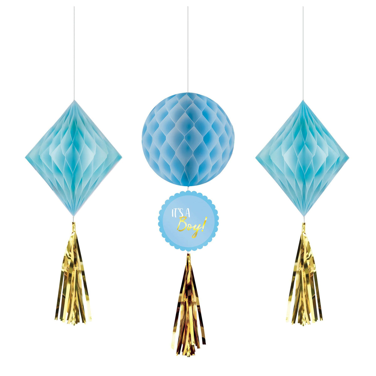 It's a Boy Honeycomb Decorations, Gold/Blue, 19-inch, 3-ct - Pack of 6