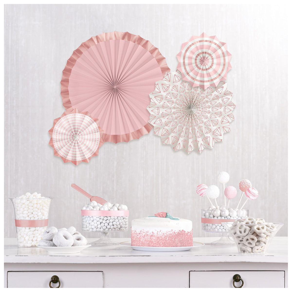 Blush Rose Gold Fan Decorations, 16-inch, 4-ct - Case of 48