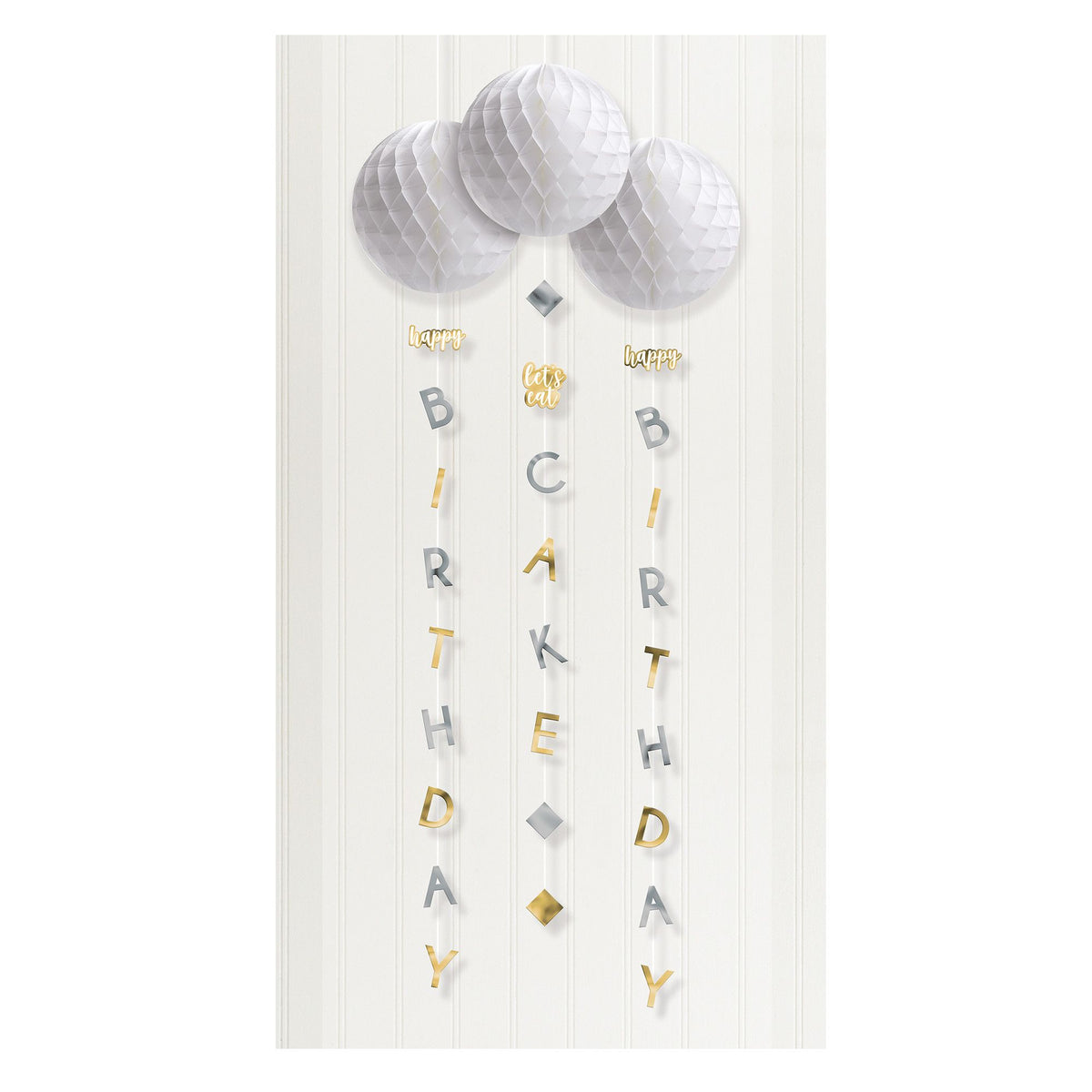 Happy Birthday Honeycomb Hanging Decorations, Gold/Silver, 4-ft, 3-ct - Case of 48