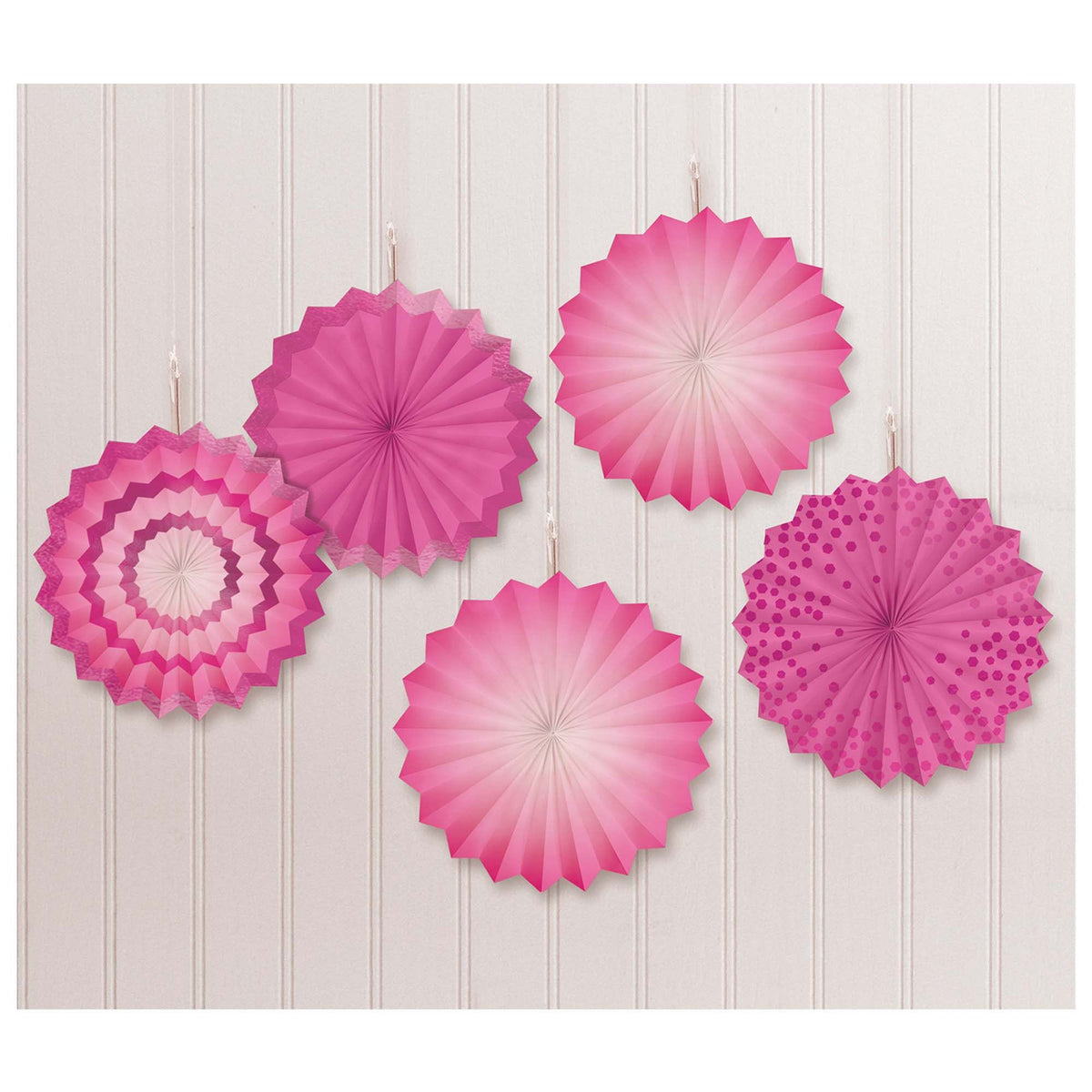 Mini Bright Pink Patterned Paper Fan Decorations, 5-ct - Pack of 12
