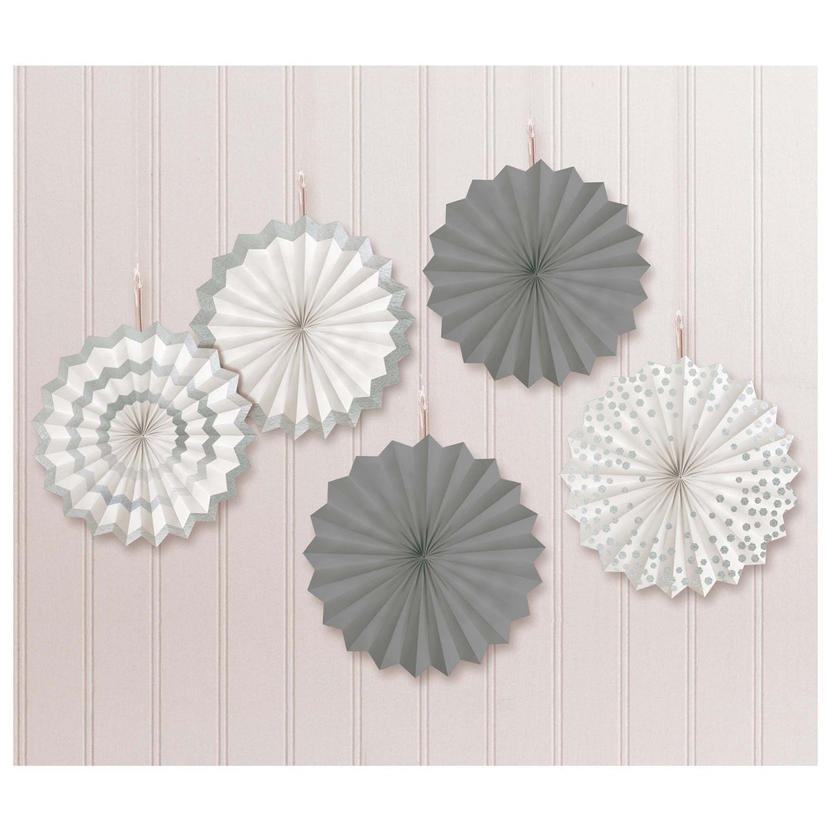 Silver/White Fan Decorations, 7-inch, 5-ct - Pack of 12