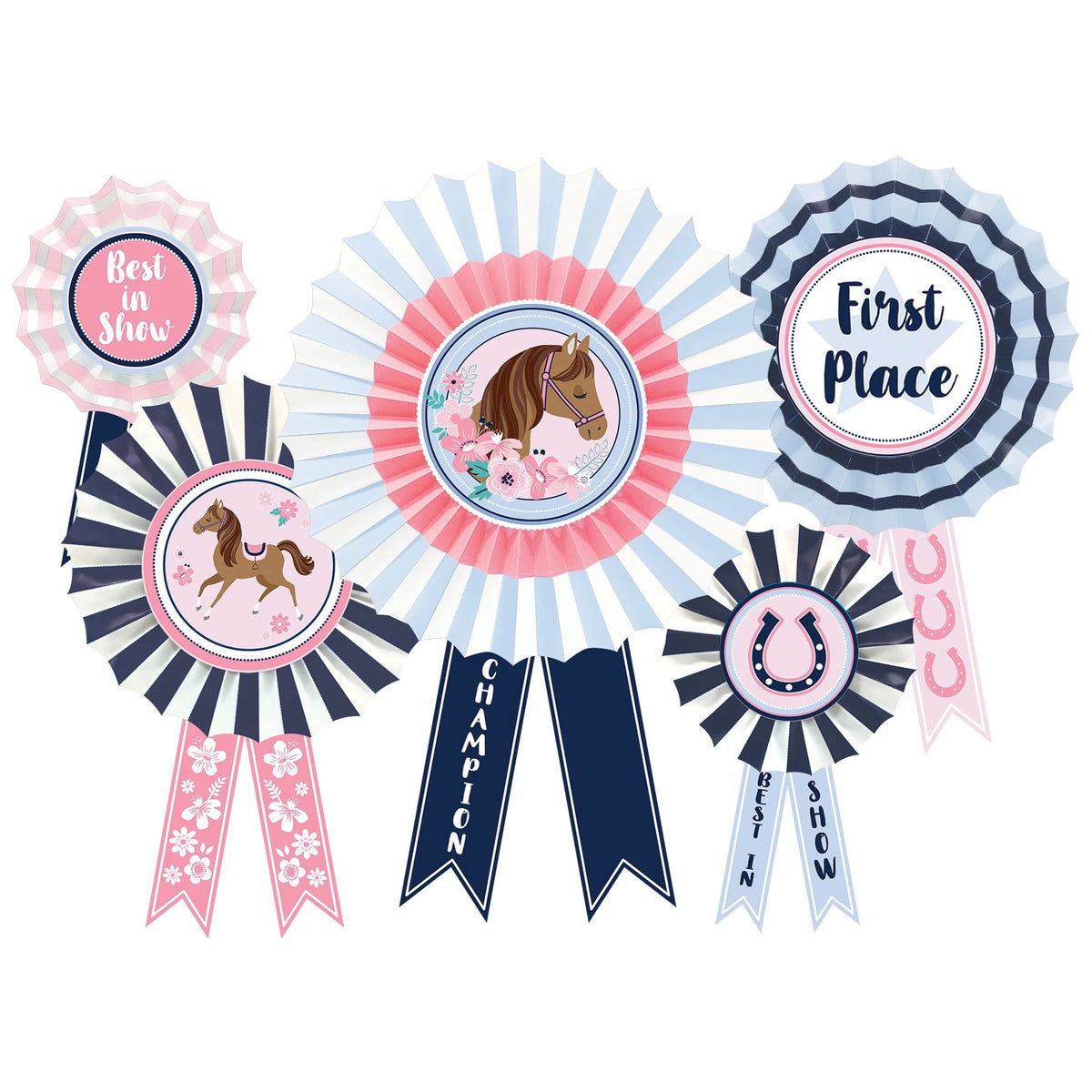 Saddle Up Award Ribbon Fan Decorations, Pink/Blue, 15-inch, 5-ct - Pack of 6