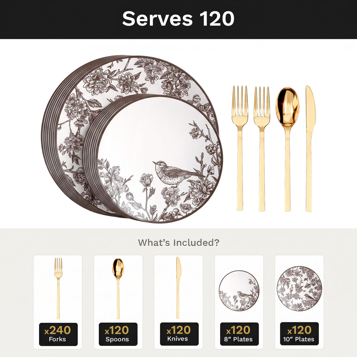 Rustik Deluxe Set | Plates & Gold Cutlery | Serves 120