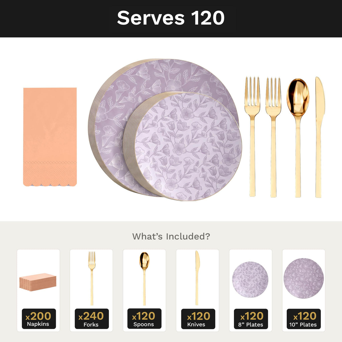Blossom Circle Ultimate Set | Plates, Gold Cutlery & Napkins | Serves 120