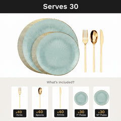 Green Burst Deluxe Set | Plates & Gold Cutlery | Serves 30