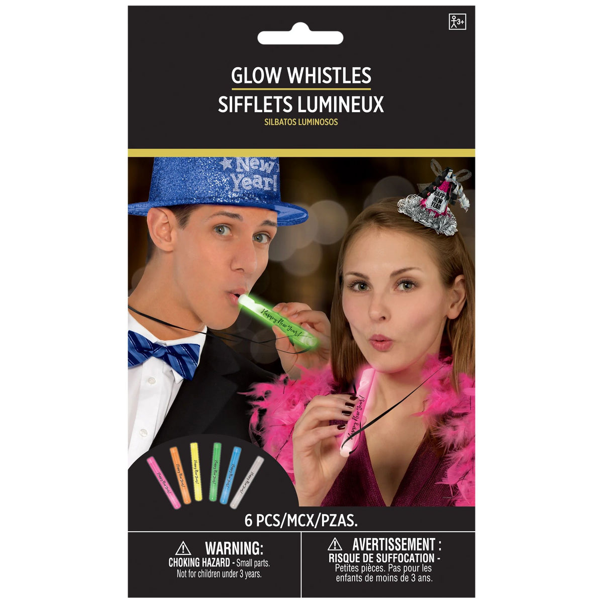 Happy New Year Glow Stick Whistle Necklaces, One Size, 6-pk - Pack of 9