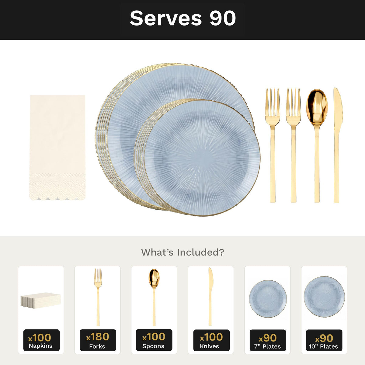 Blue Burst Ultimate Set | Plates, Gold Cutlery & Napkins | Serves 90