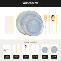 Blue Burst Ultimate Set | Plates, Gold Cutlery & Napkins | Serves 90