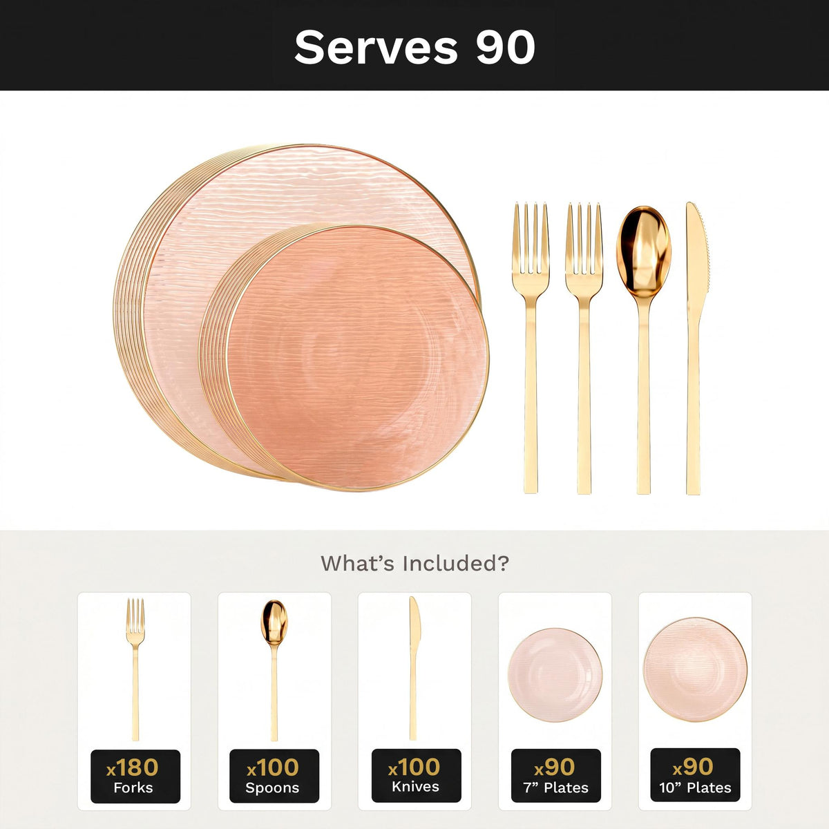 Pink Weave Deluxe Set | Plates & Gold Cutlery | Serves 90