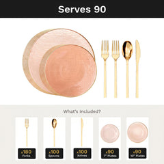 Pink Weave Deluxe Set | Plates & Gold Cutlery | Serves 90