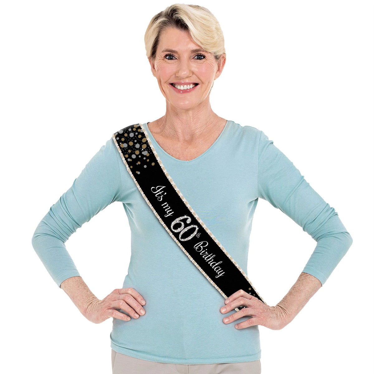 Black & Silver 60th Birthday Sparkling Celebration Sash, 30-inch - Pack of 6