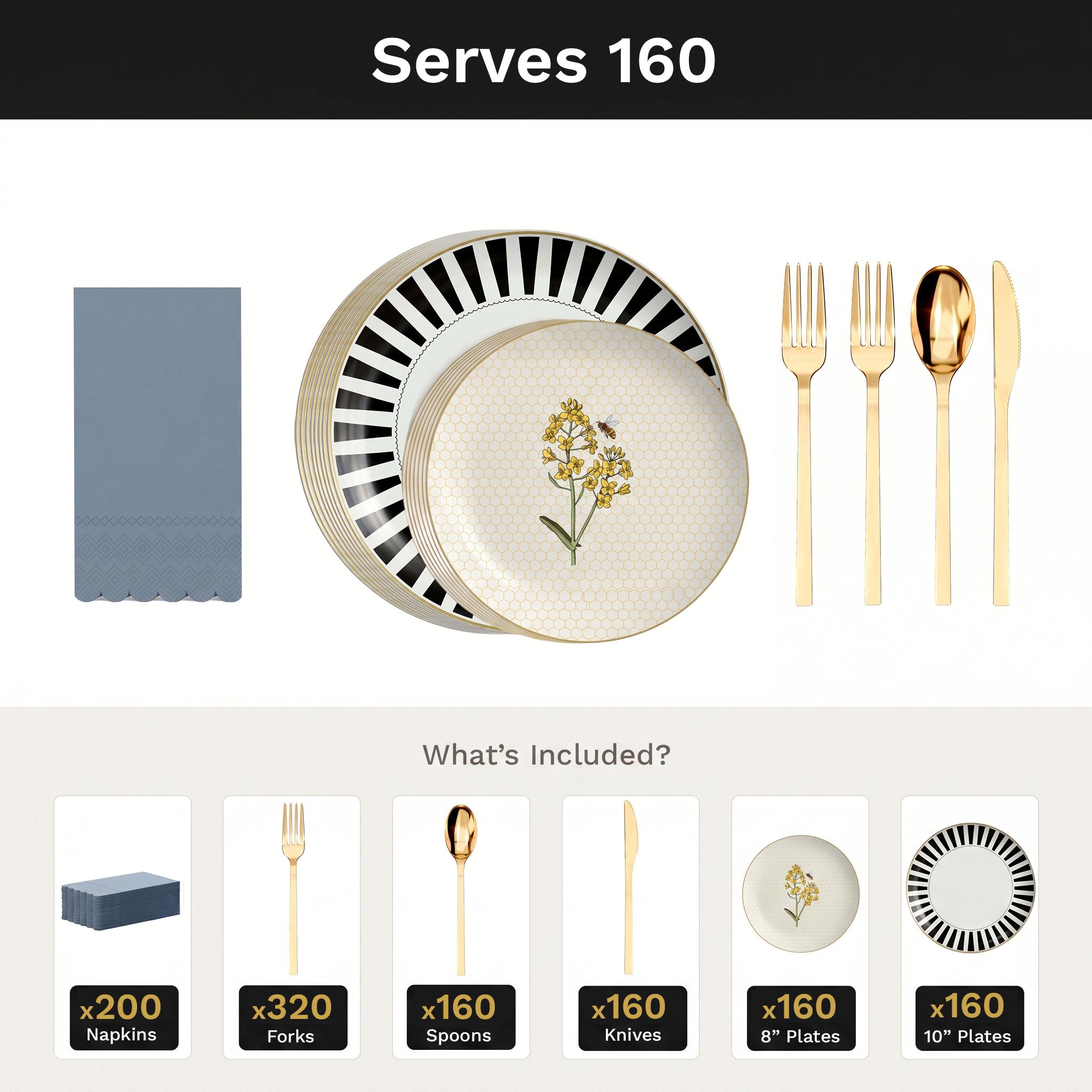 Earthtrends Nectar Ultimate Set | Plates, Gold Cutlery & Napkins | Serves 160