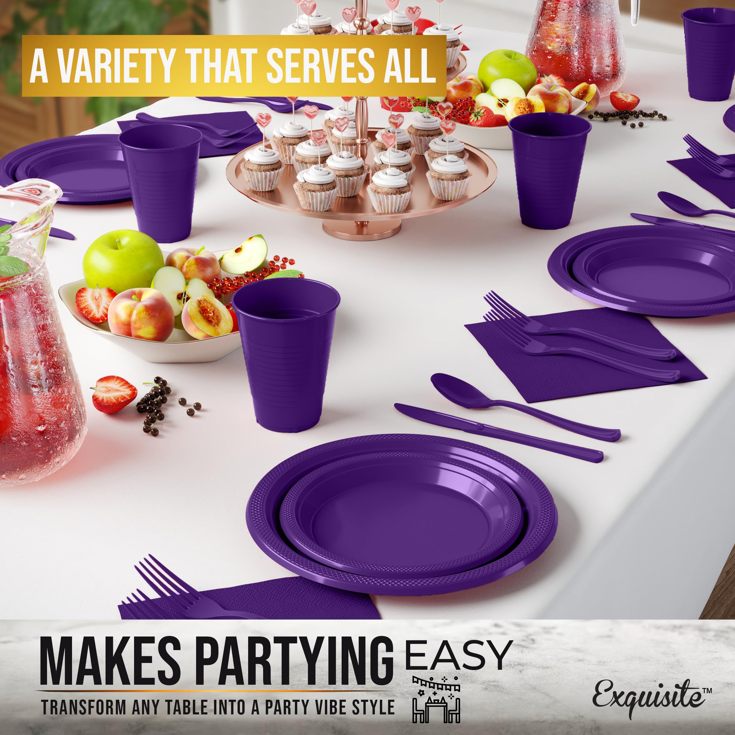 350 Pcs Purple Plastic Disposable Tableware Set